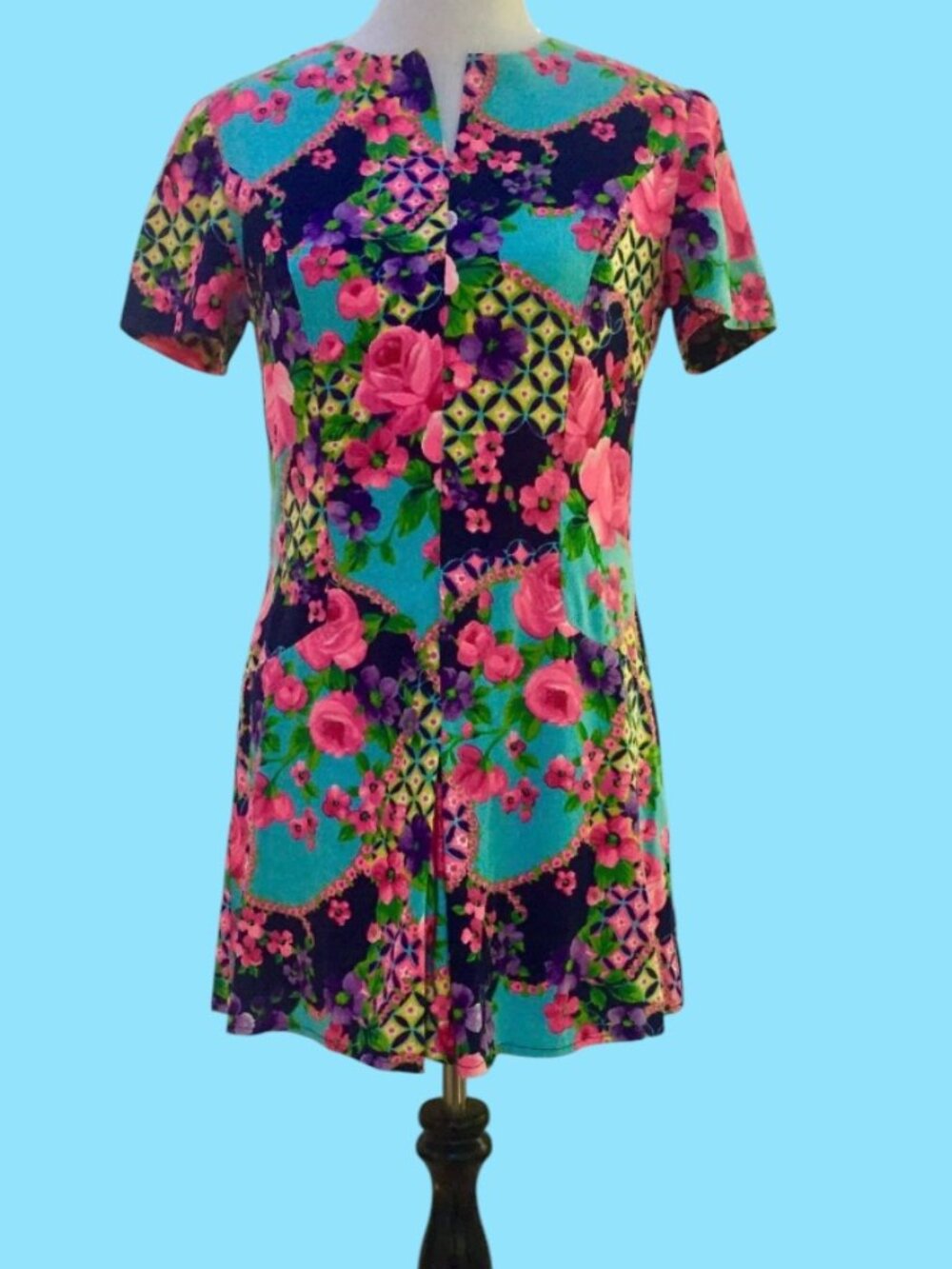 Vintage 1960s Floral Psychedelic Mod Mini Dress Pink Blue A-Line Medium